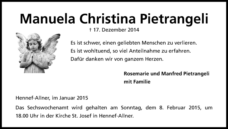  Traueranzeige für Manuela Christina Pietrangeli vom 31.01.2015 aus Kölner Stadt-Anzeiger / Kölnische Rundschau / Express