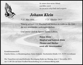 Anzeige von Johann Klein von Kölner Stadt-Anzeiger / Kölnische Rundschau / Express