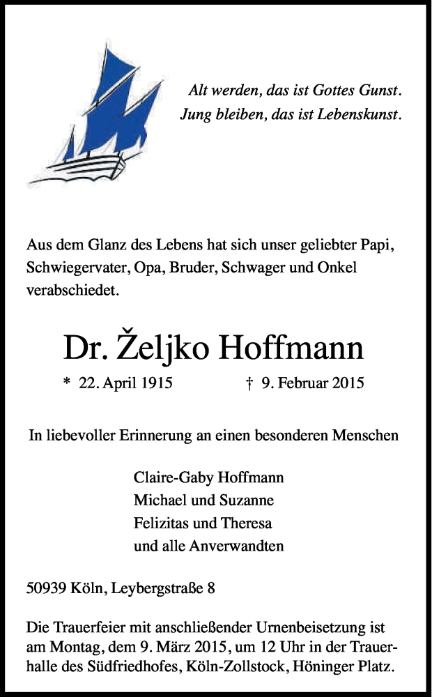  Traueranzeige für Zeljko Hoffmann vom 28.02.2015 aus Kölner Stadt-Anzeiger / Kölnische Rundschau / Express