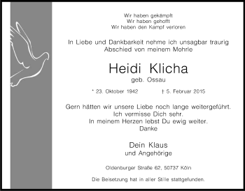 Anzeige von Heidi Klicha von Kölner Stadt-Anzeiger / Kölnische Rundschau / Express