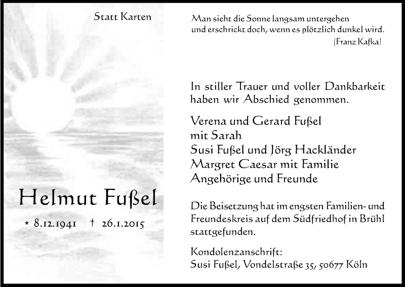 Traueranzeige für Helmut Fußel vom 31.01.2015 aus Kölner Stadt-Anzeiger / Kölnische Rundschau / Express