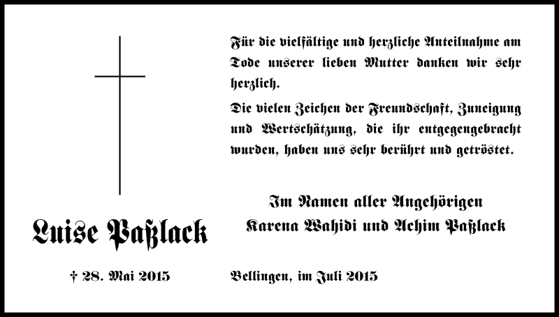  Traueranzeige für Luise Paßlack vom 03.07.2015 aus Kölner Stadt-Anzeiger / Kölnische Rundschau / Express