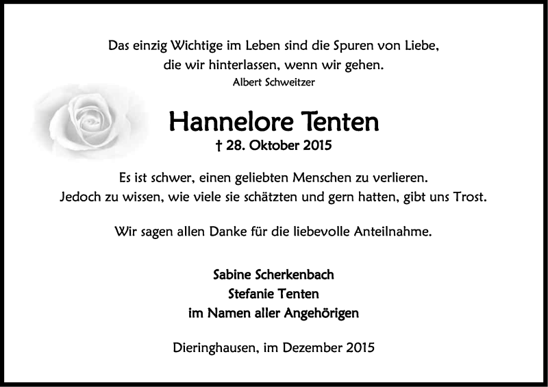  Traueranzeige für Hannelore Tenten vom 09.12.2015 aus Kölner Stadt-Anzeiger / Kölnische Rundschau / Express