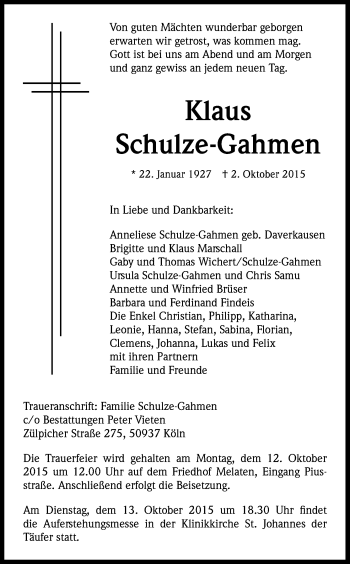 Anzeige von Klaus Schulze-Gahmen von Kölner Stadt-Anzeiger / Kölnische Rundschau / Express