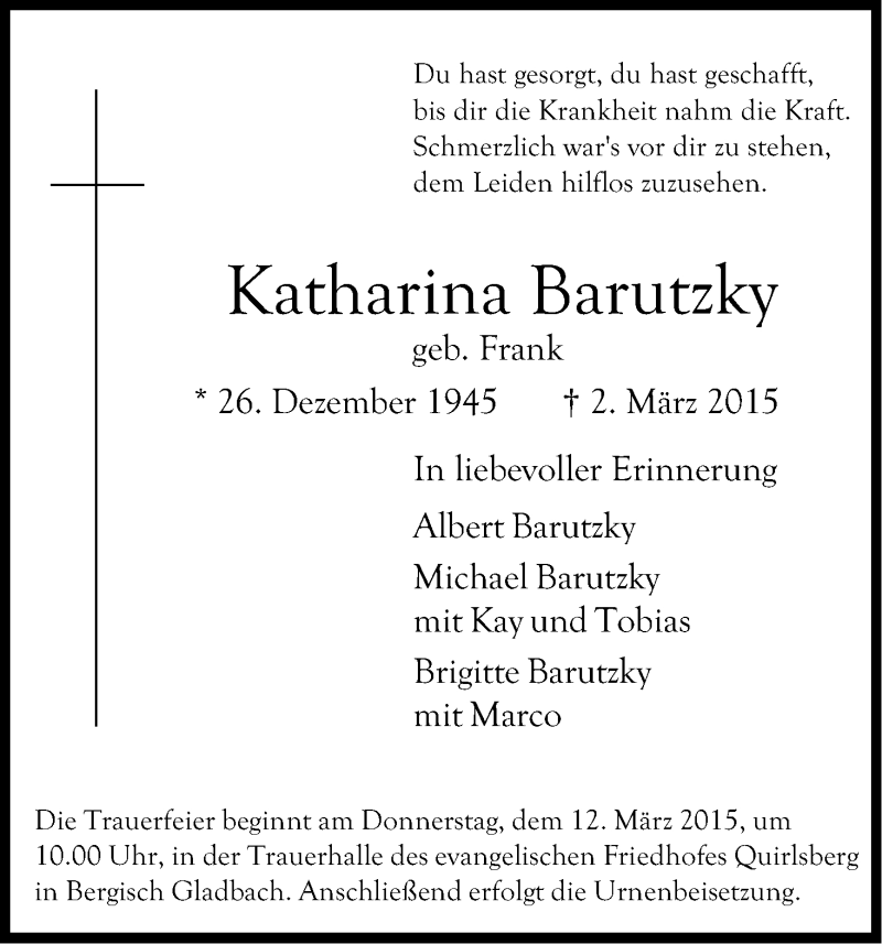  Traueranzeige für Katharina Barutzky vom 07.03.2015 aus Kölner Stadt-Anzeiger / Kölnische Rundschau / Express