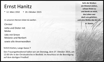 Anzeige von Ernst Hanitz von Kölner Stadt-Anzeiger / Kölnische Rundschau / Express