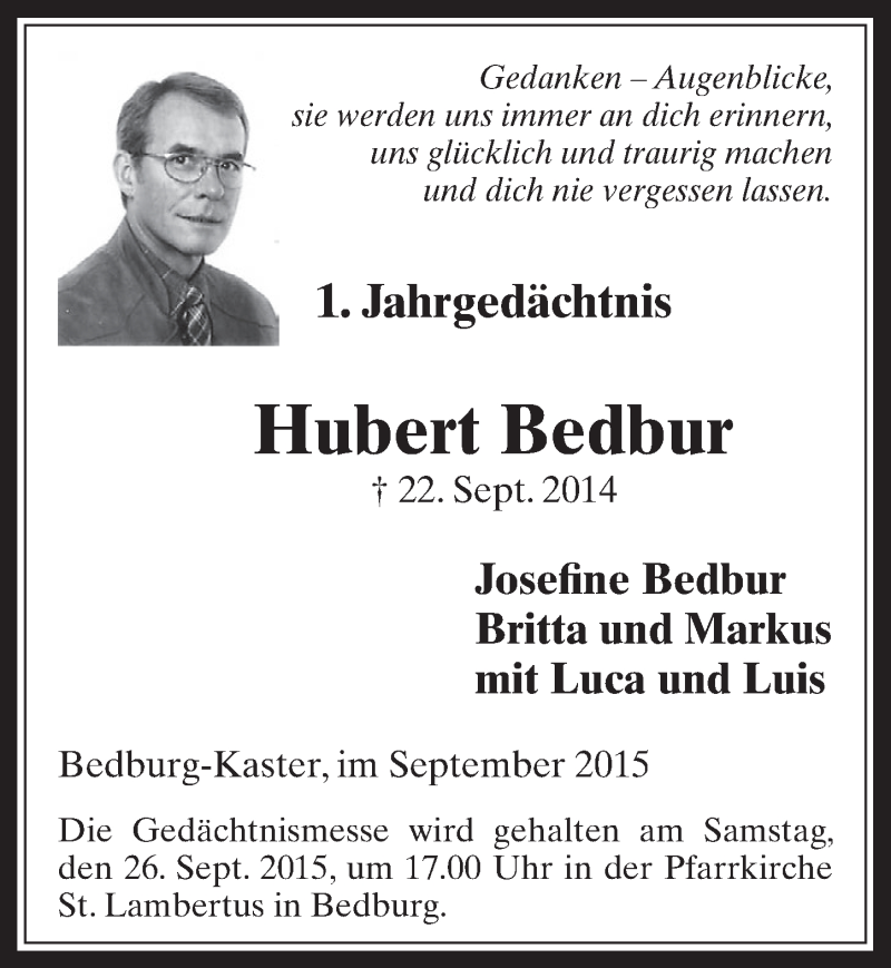  Traueranzeige für Hubert Bedbur vom 23.09.2015 aus  Werbepost 