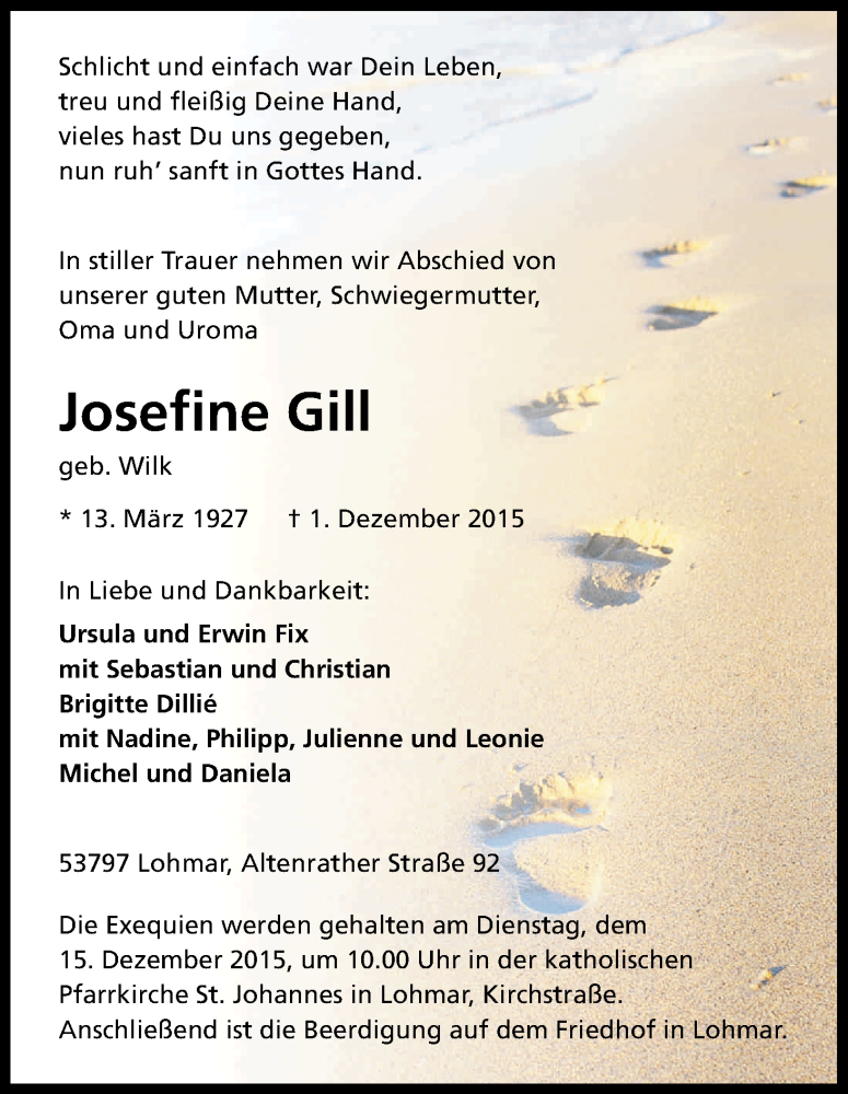  Traueranzeige für Josefine Gill vom 12.12.2015 aus Kölner Stadt-Anzeiger / Kölnische Rundschau / Express