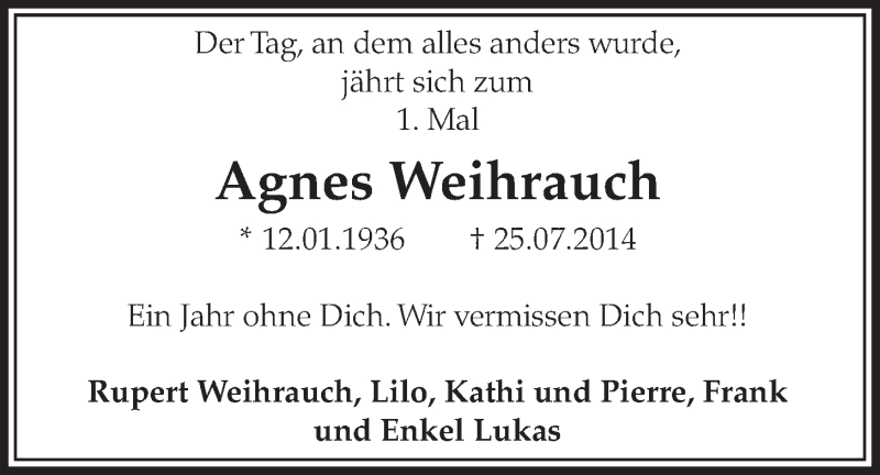  Traueranzeige für Agnes Weihrauch vom 22.07.2015 aus  Schlossbote/Werbekurier 