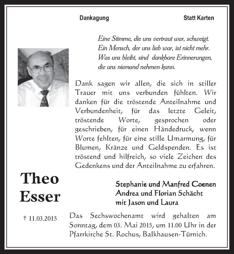  Traueranzeige für Theo Esser vom 22.04.2015 aus  Werbepost 