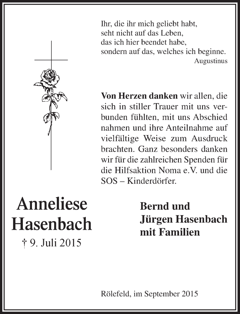  Traueranzeige für Anneliese Hasenbach vom 02.09.2015 aus  Lokalanzeiger 