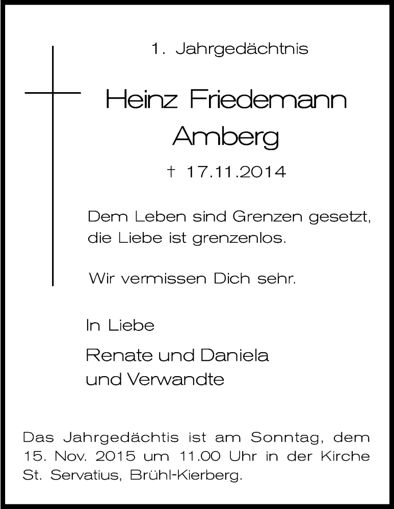  Traueranzeige für Heinz Friedemann Amberg vom 11.11.2015 aus Kölner Stadt-Anzeiger / Kölnische Rundschau / Express