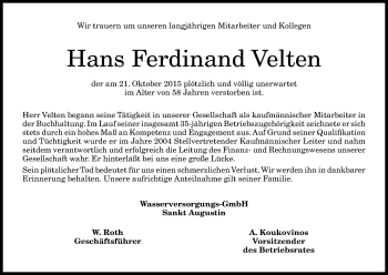 Anzeige von Hans Ferdinand Velten von Kölner Stadt-Anzeiger / Kölnische Rundschau / Express