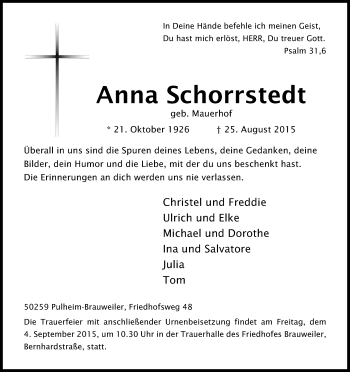 Anzeige von Anna Schorrstedt von Kölner Stadt-Anzeiger / Kölnische Rundschau / Express