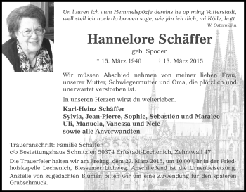 Anzeige von Hannelore Schäffer von Kölner Stadt-Anzeiger / Kölnische Rundschau / Express