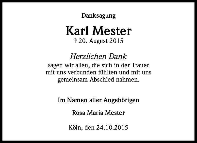  Traueranzeige für Karl Mester vom 24.10.2015 aus Kölner Stadt-Anzeiger / Kölnische Rundschau / Express