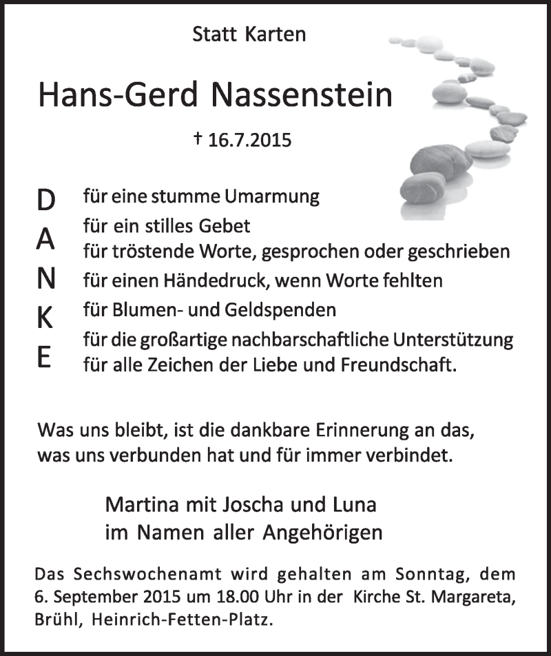  Traueranzeige für Hans-Gerd Nassenstein vom 26.08.2015 aus  Schlossbote/Werbekurier 