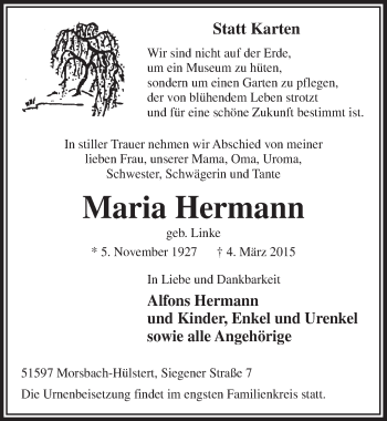 Anzeige von Maria Hermann von  Lokalanzeiger 