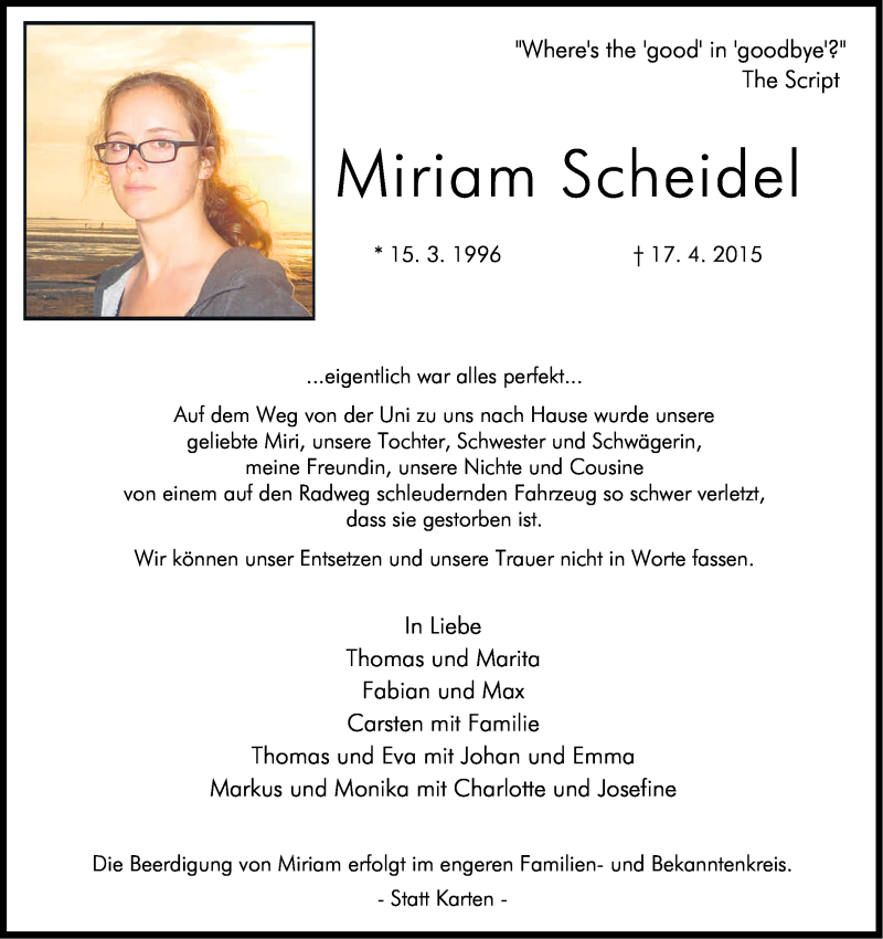  Traueranzeige für Miriam Scheidel vom 25.04.2015 aus Kölner Stadt-Anzeiger / Kölnische Rundschau / Express