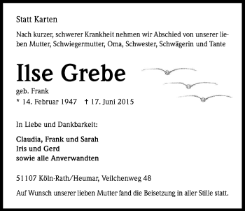 Anzeige von Ilse Grebe von Kölner Stadt-Anzeiger / Kölnische Rundschau / Express