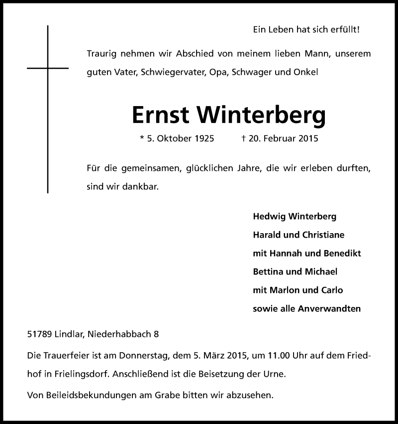  Traueranzeige für Ernst Winterberg vom 25.02.2015 aus Kölner Stadt-Anzeiger / Kölnische Rundschau / Express