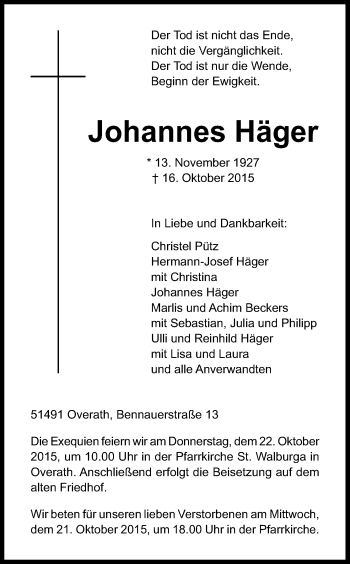 Anzeige von Johannes Häger von Kölner Stadt-Anzeiger / Kölnische Rundschau / Express