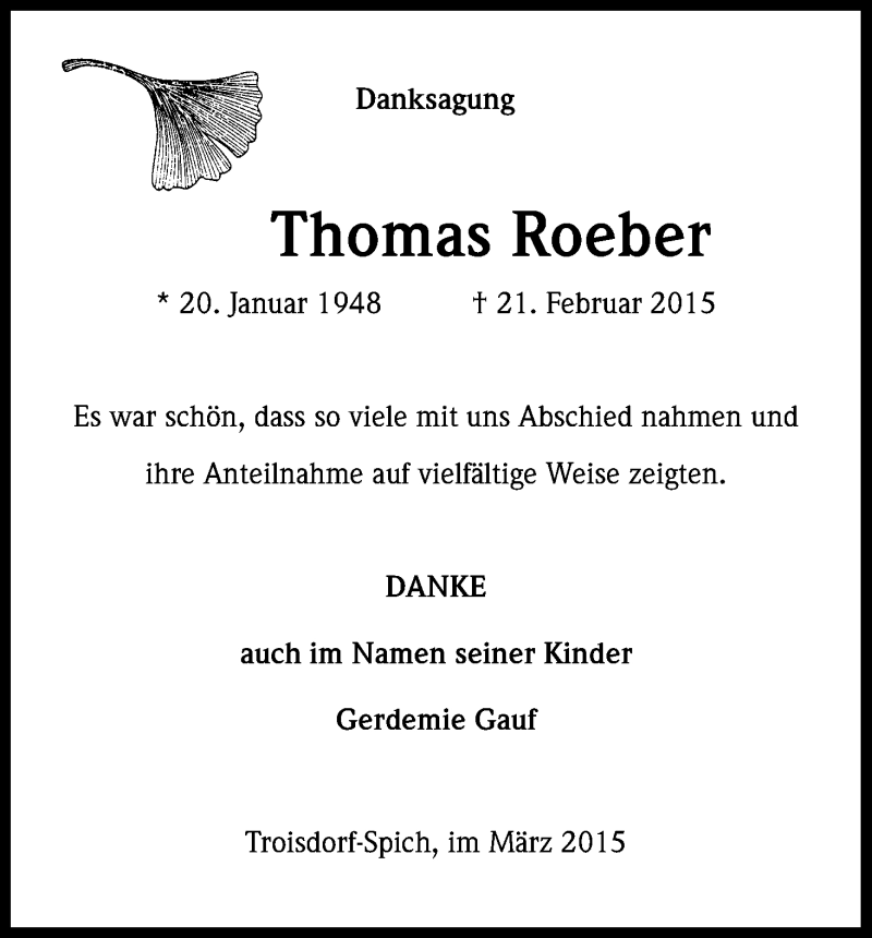  Traueranzeige für Thomas Roeber vom 11.03.2015 aus Kölner Stadt-Anzeiger / Kölnische Rundschau / Express