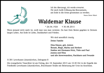 Anzeige von Waldemar Klause von Kölner Stadt-Anzeiger / Kölnische Rundschau / Express