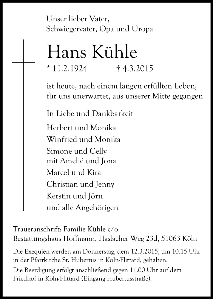  Traueranzeige für Hans Kühle vom 07.03.2015 aus Kölner Stadt-Anzeiger / Kölnische Rundschau / Express
