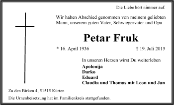 Anzeige von Petar Fruk von  Bergisches Handelsblatt 