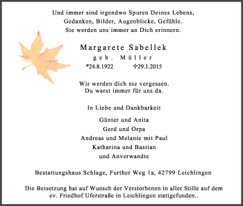 Anzeige von Margarete Sabellek von Kölner Stadt-Anzeiger / Kölnische Rundschau / Express