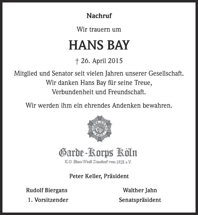  Traueranzeige für Hans Bay vom 13.05.2015 aus  Kölner Wochenspiegel 