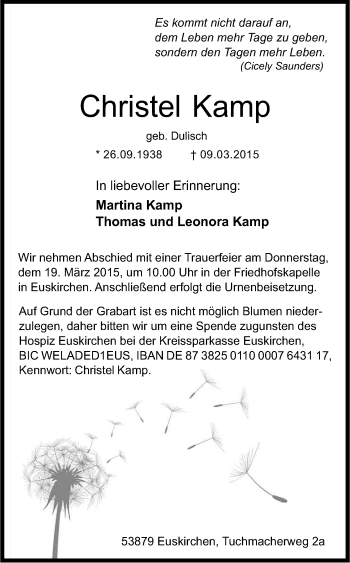 Anzeige von Christel Kamp von Kölner Stadt-Anzeiger / Kölnische Rundschau / Express