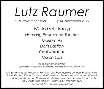 Anzeige von Lutz Raumer von Kölner Stadt-Anzeiger / Kölnische Rundschau / Express