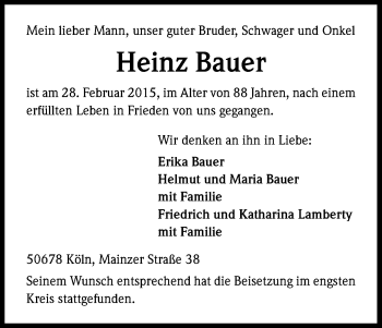 Anzeige von Heinz Bauer von Kölner Stadt-Anzeiger / Kölnische Rundschau / Express