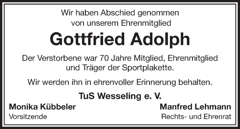  Traueranzeige für Gottfried Adolph vom 28.10.2015 aus  Schlossbote/Werbekurier 