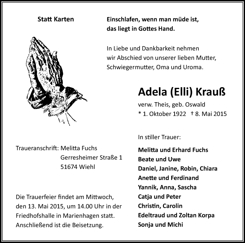  Traueranzeige für Adela  Krauß vom 12.05.2015 aus Kölner Stadt-Anzeiger / Kölnische Rundschau / Express