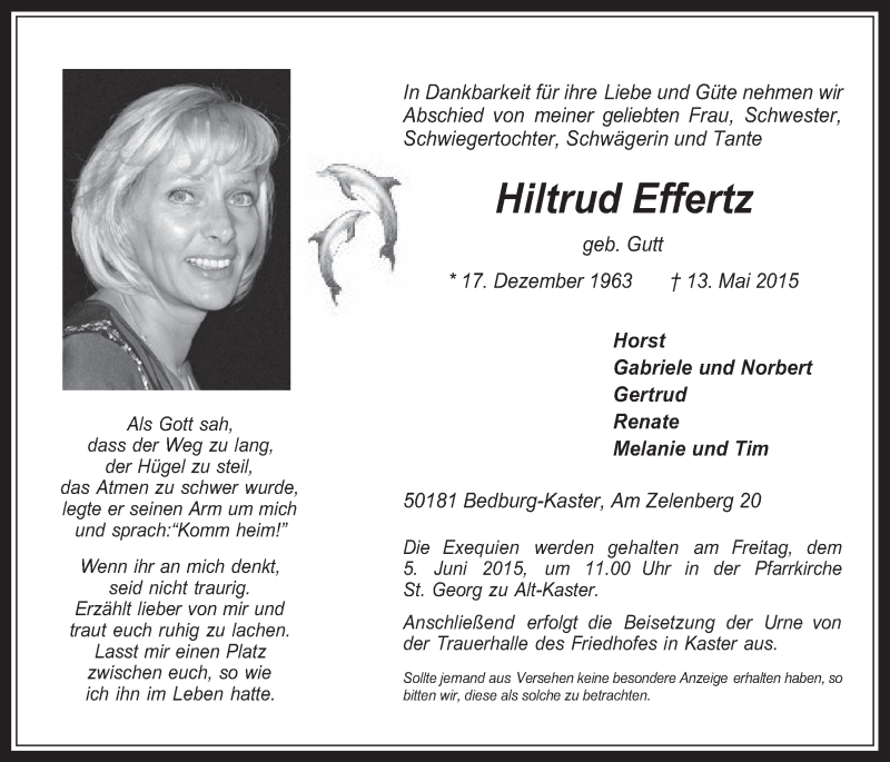  Traueranzeige für Hiltrud Effertz vom 27.05.2015 aus  Werbepost 