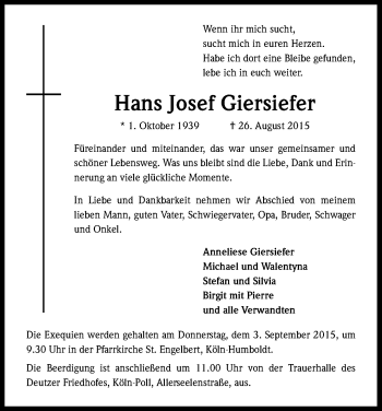Anzeige von Hans Josef Giersiefer von Kölner Stadt-Anzeiger / Kölnische Rundschau / Express
