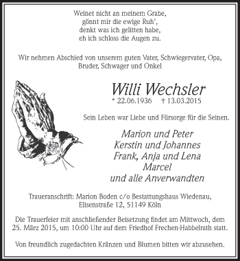 Anzeige von Willi Wechsler von  Sonntags-Post 