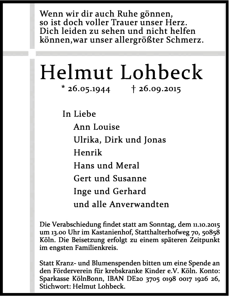  Traueranzeige für Helmut Lohbeck vom 07.10.2015 aus Kölner Stadt-Anzeiger / Kölnische Rundschau / Express