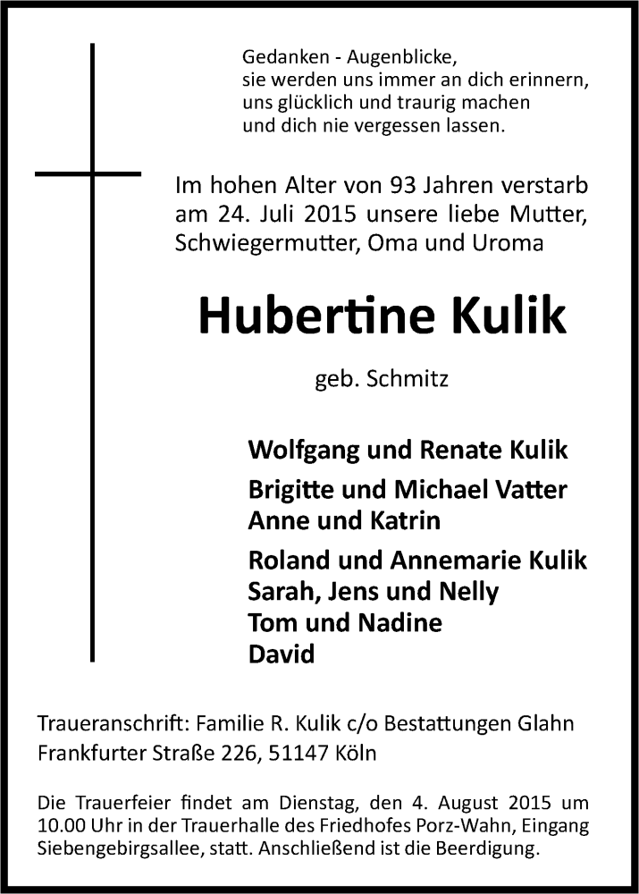  Traueranzeige für Hubertine Kulik vom 01.08.2015 aus Kölner Stadt-Anzeiger / Kölnische Rundschau / Express
