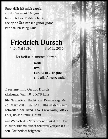 Anzeige von Friedrich Dursch von Kölner Stadt-Anzeiger / Kölnische Rundschau / Express