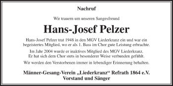 Anzeige von Hans-Josef Pelzer von  Bergisches Sonntagsblatt 