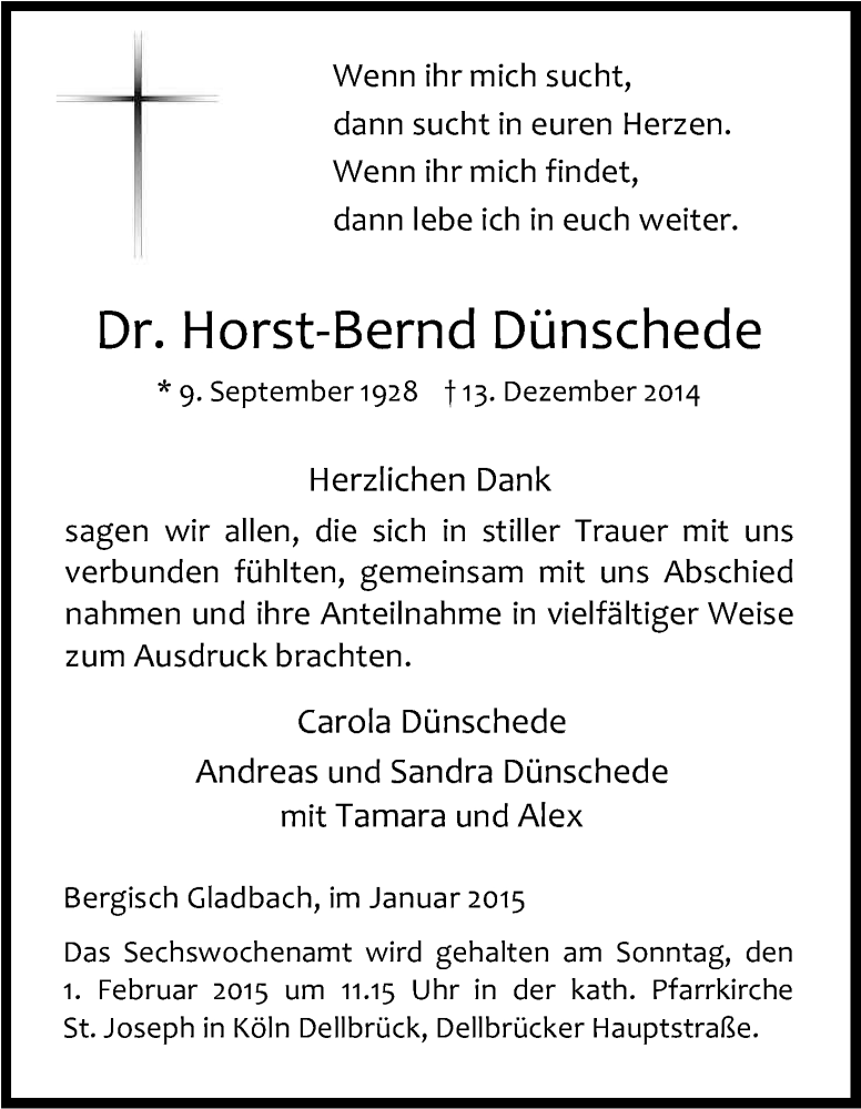  Traueranzeige für Horst-Bernd Dünschede vom 24.01.2015 aus Kölner Stadt-Anzeiger / Kölnische Rundschau / Express