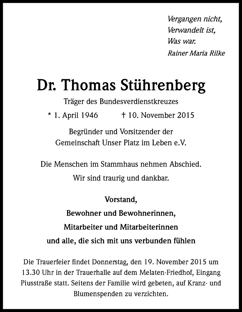  Traueranzeige für Thomas Stührenberg vom 14.11.2015 aus Köln - Wir Trauern