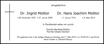 Anzeige von Ingrid und Hans Joachim Molitor von Kölner Stadt-Anzeiger / Kölnische Rundschau / Express