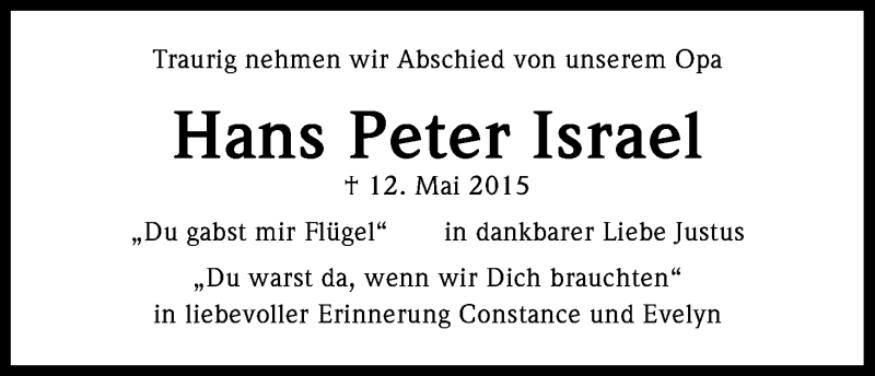  Traueranzeige für Hans Peter Israel vom 16.05.2015 aus Kölner Stadt-Anzeiger / Kölnische Rundschau / Express