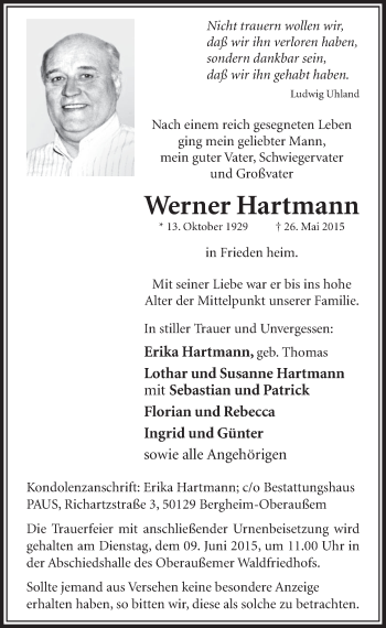 Anzeige von Werner Hartmann von  Sonntags-Post 