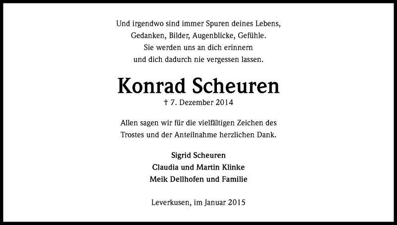  Traueranzeige für Konrad Markus Scheuren vom 31.01.2015 aus Kölner Stadt-Anzeiger / Kölnische Rundschau / Express